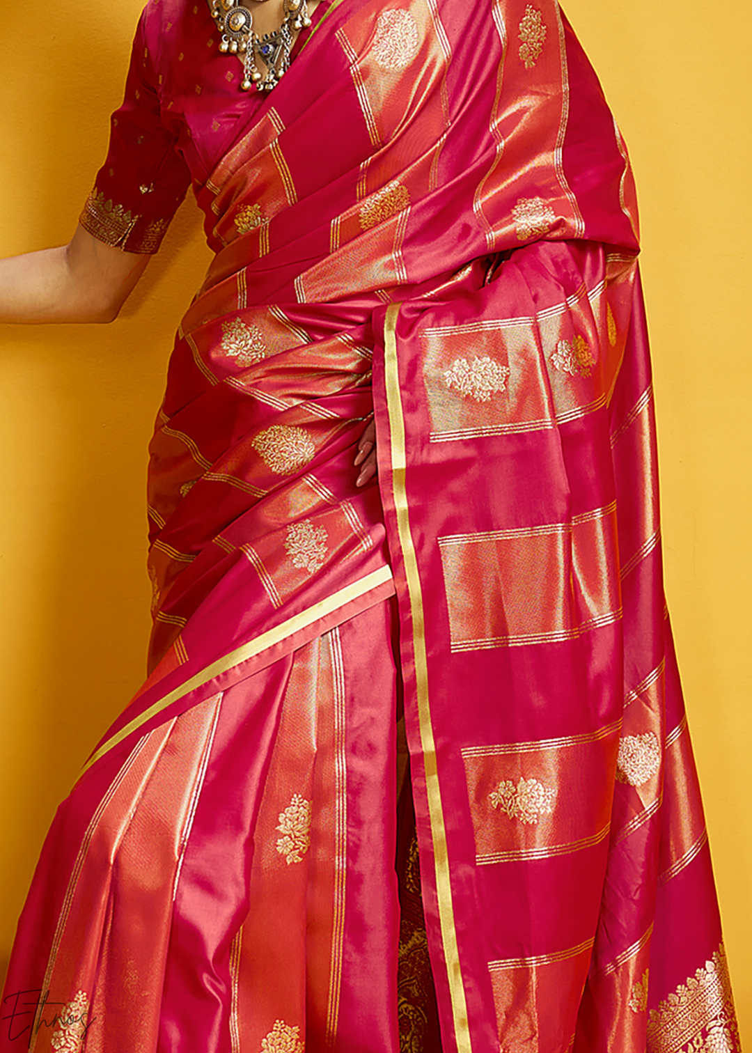Cerise Rose Gold-Infused Jacquard Satin Silk Saree
