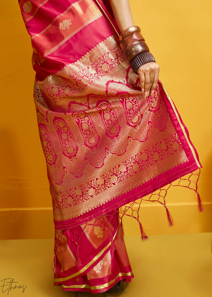 Cerise Rose Gold-Infused Jacquard Satin Silk Saree