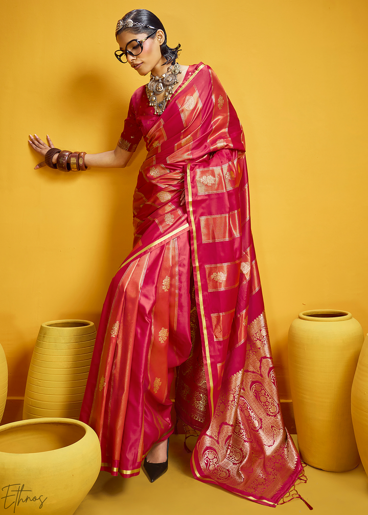 Cerise Rose Gold-Infused Jacquard Satin Silk Saree