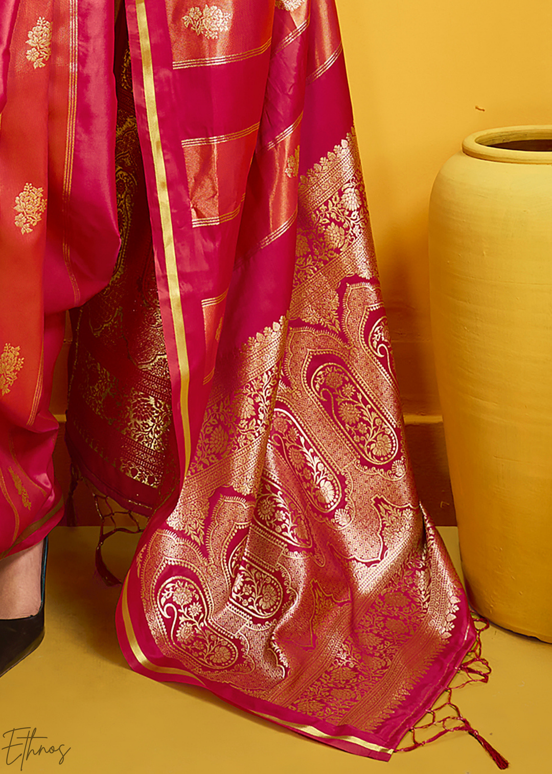 Cerise Rose Gold-Infused Jacquard Satin Silk Saree