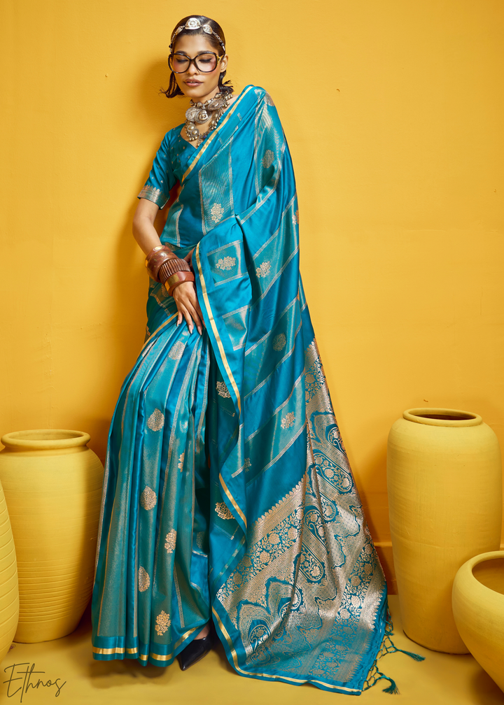 Cerulean Gold-Infused Jacquard Satin Silk Saree