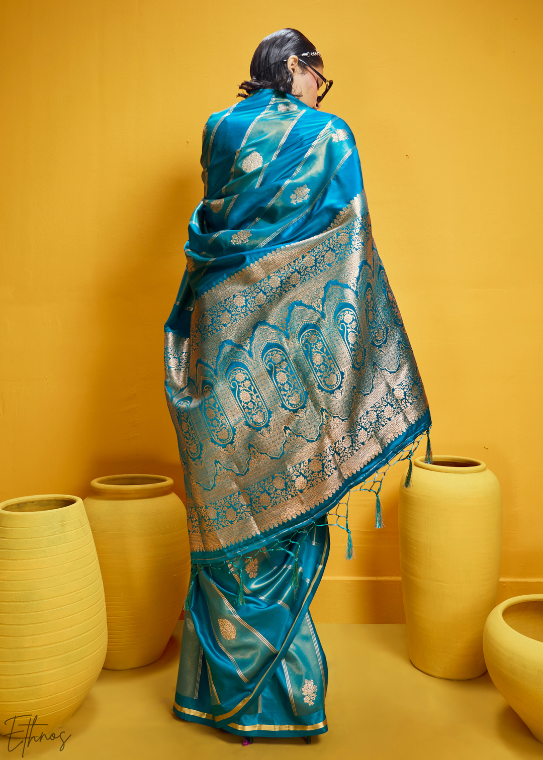 Cerulean Gold-Infused Jacquard Satin Silk Saree