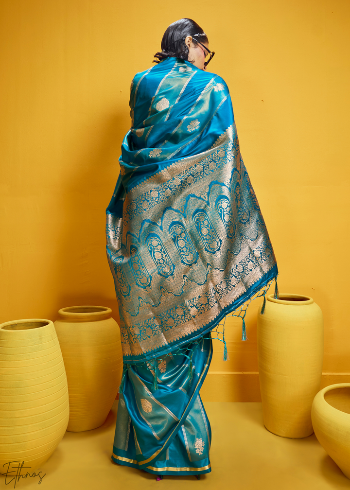 Cerulean Gold-Infused Jacquard Satin Silk Saree