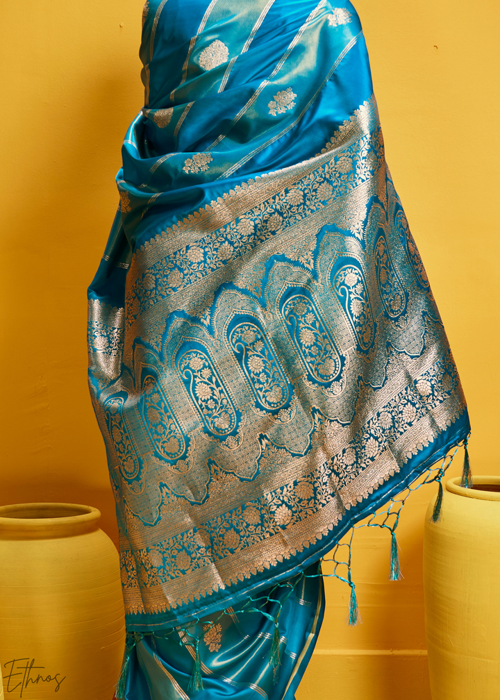 Cerulean Gold-Infused Jacquard Satin Silk Saree