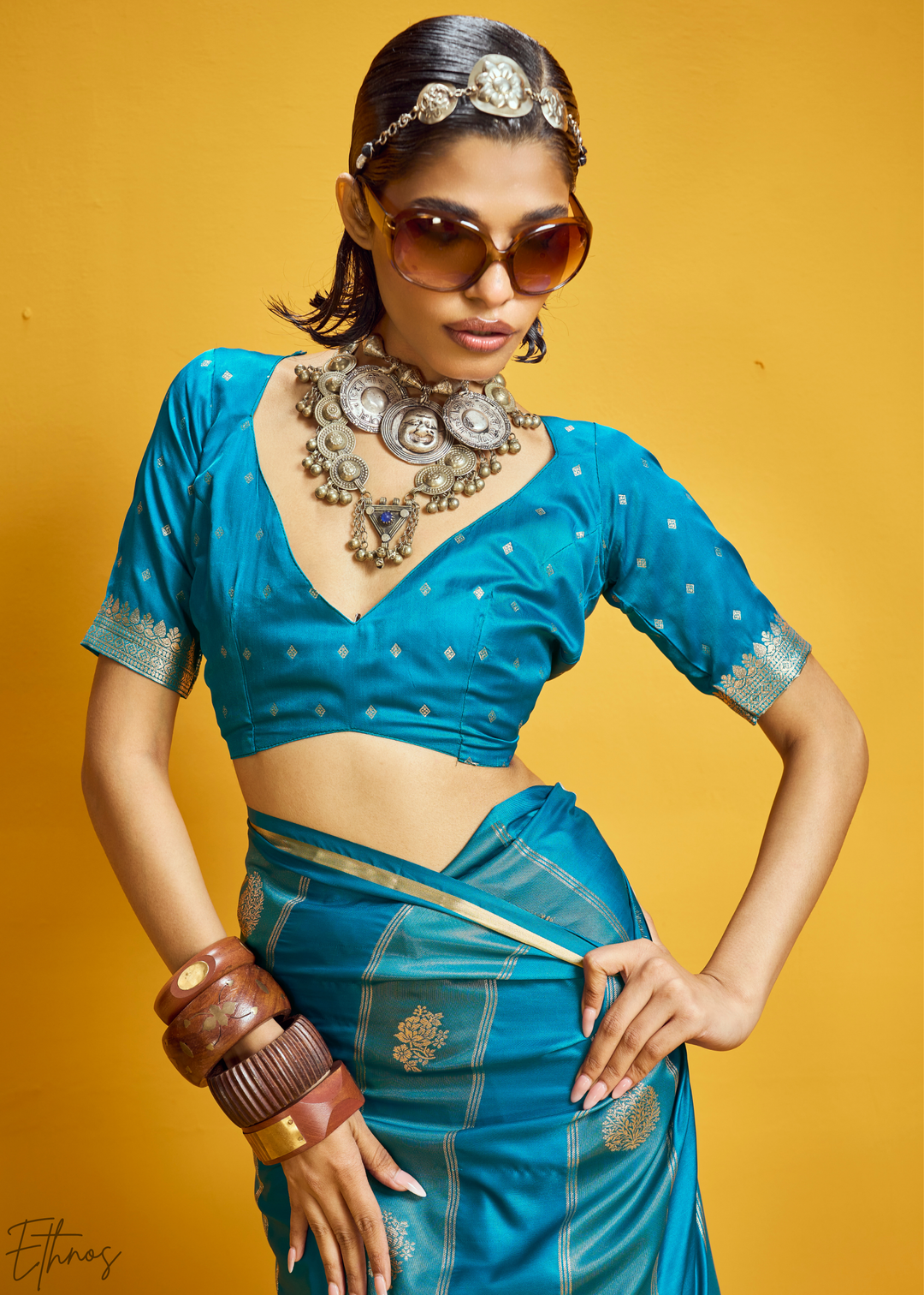 Cerulean Gold-Infused Jacquard Satin Silk Saree