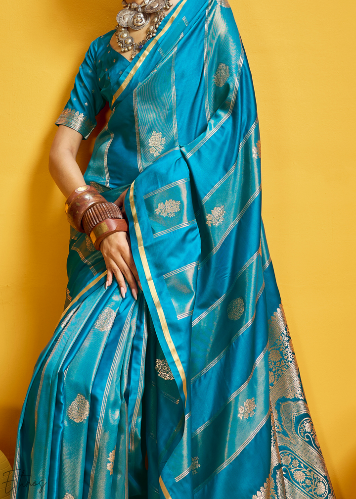 Cerulean Gold-Infused Jacquard Satin Silk Saree