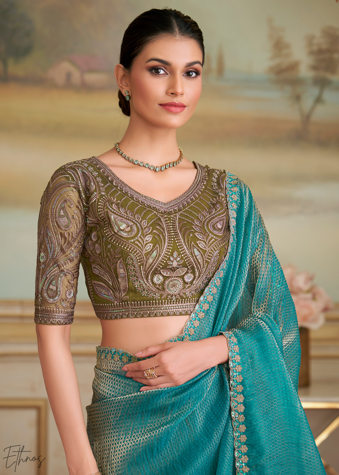 Cerulean Grid Checks Georgette Saree