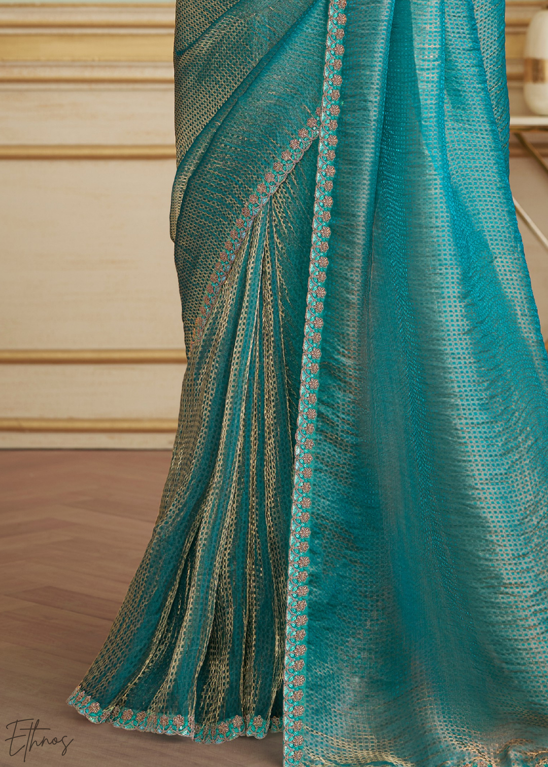 Cerulean Grid Checks Georgette Saree