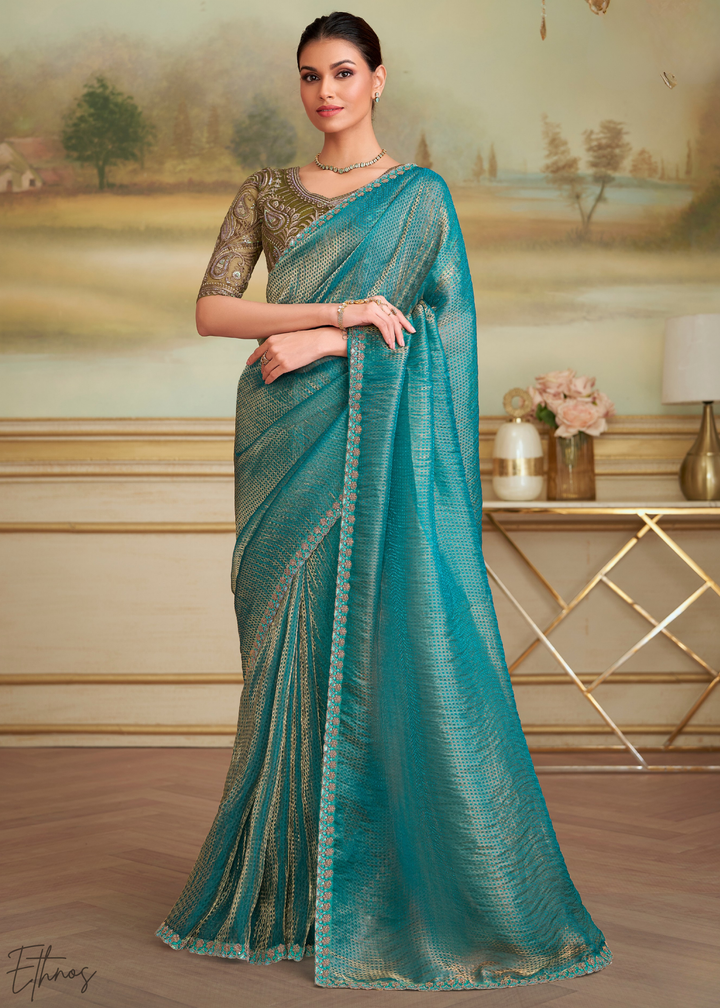 Cerulean Grid Checks Georgette Saree