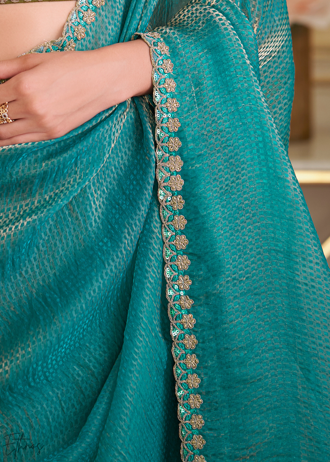 Cerulean Grid Checks Georgette Saree