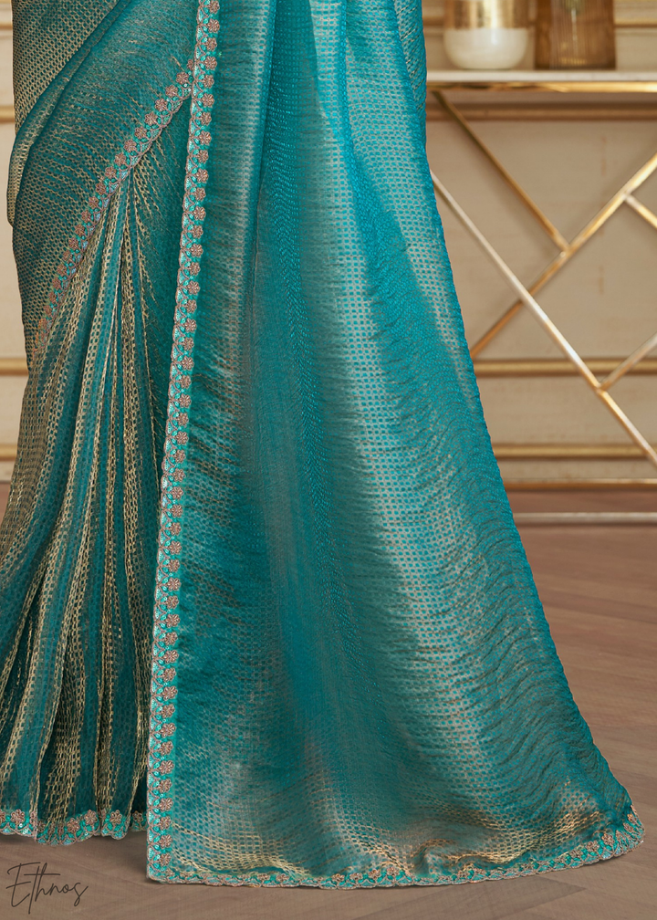 Cerulean Grid Checks Georgette Saree