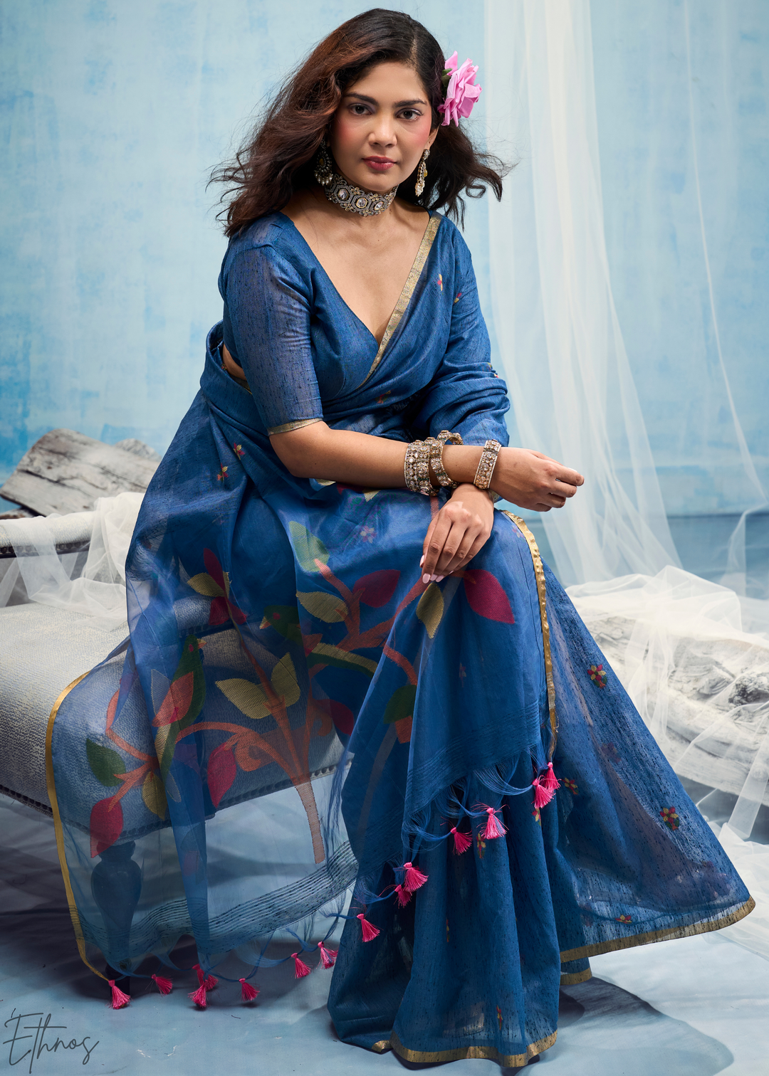 Cerulean Sapphire Artisanal Weave Munga Cotton Saree