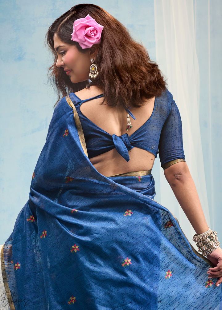 Cerulean Sapphire Artisanal Weave Munga Cotton Saree