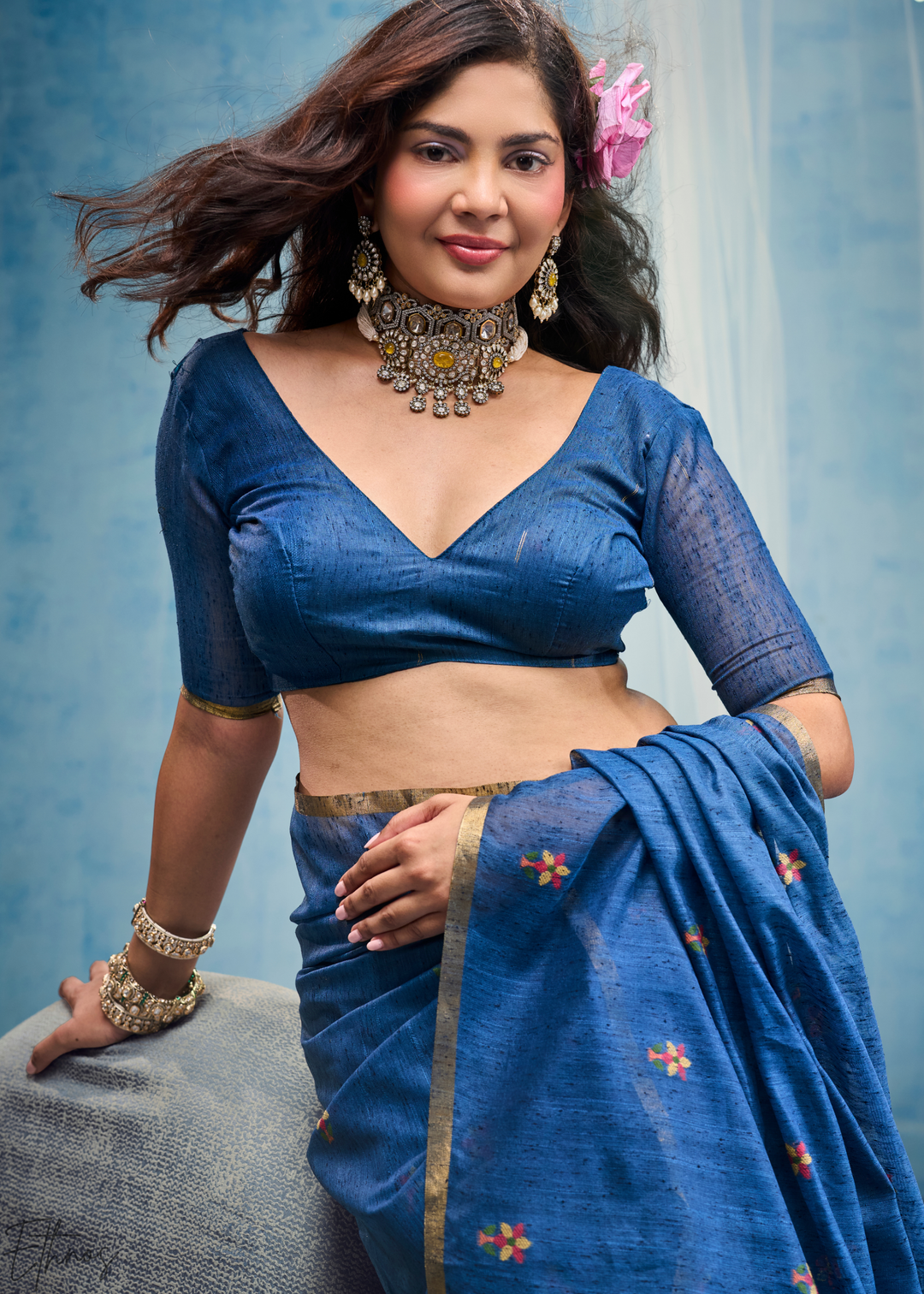 Cerulean Sapphire Artisanal Weave Munga Cotton Saree