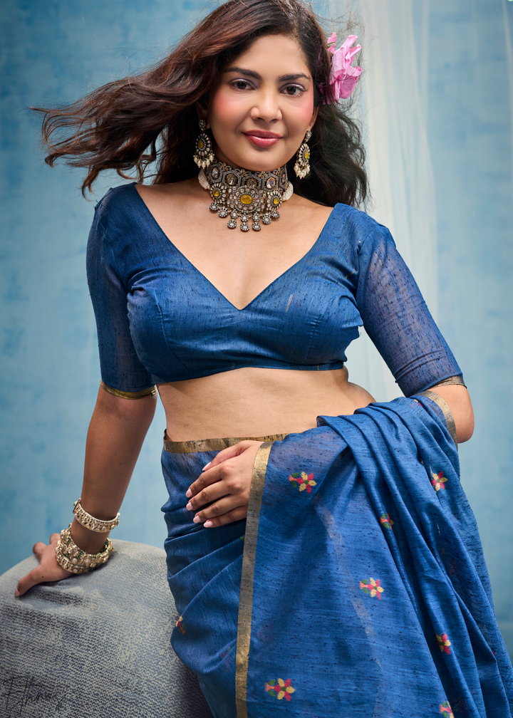 Cerulean Sapphire Artisanal Weave Munga Cotton Saree