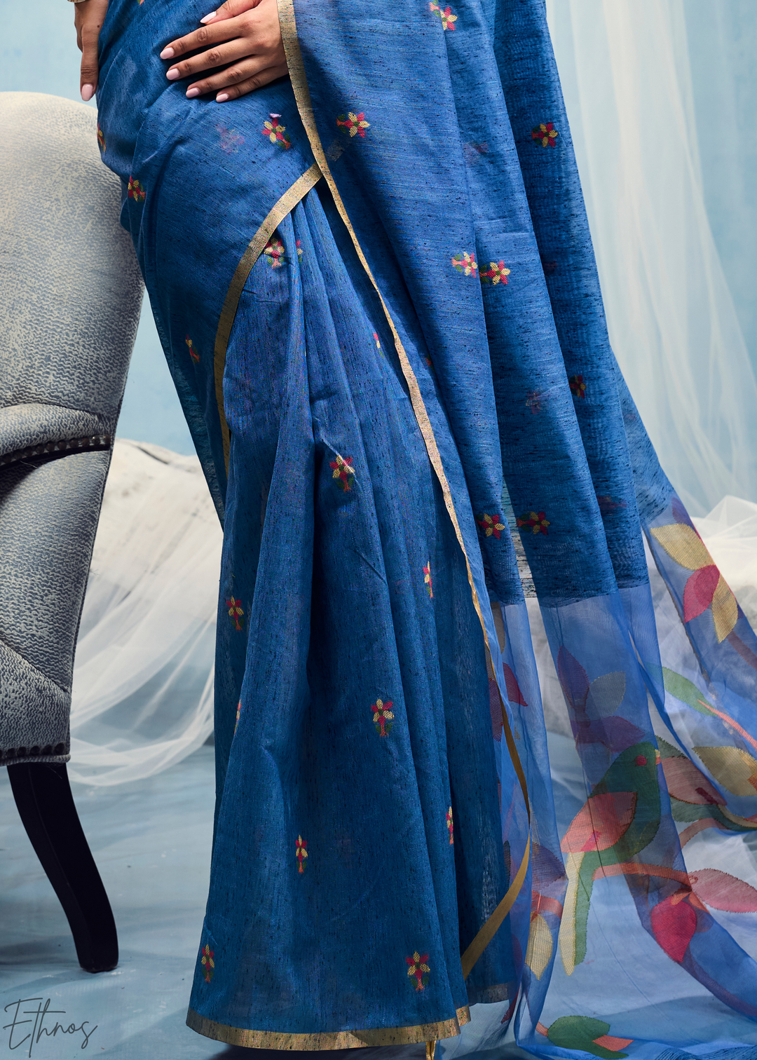 Cerulean Sapphire Artisanal Weave Munga Cotton Saree