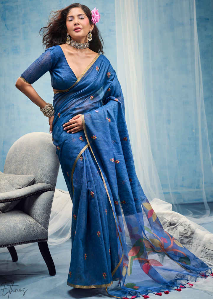 Cerulean Sapphire Artisanal Weave Munga Cotton Saree