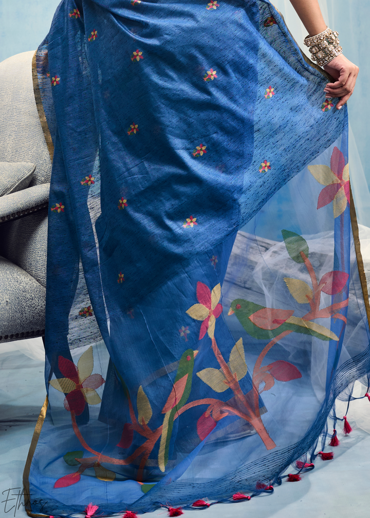 Cerulean Sapphire Artisanal Weave Munga Cotton Saree