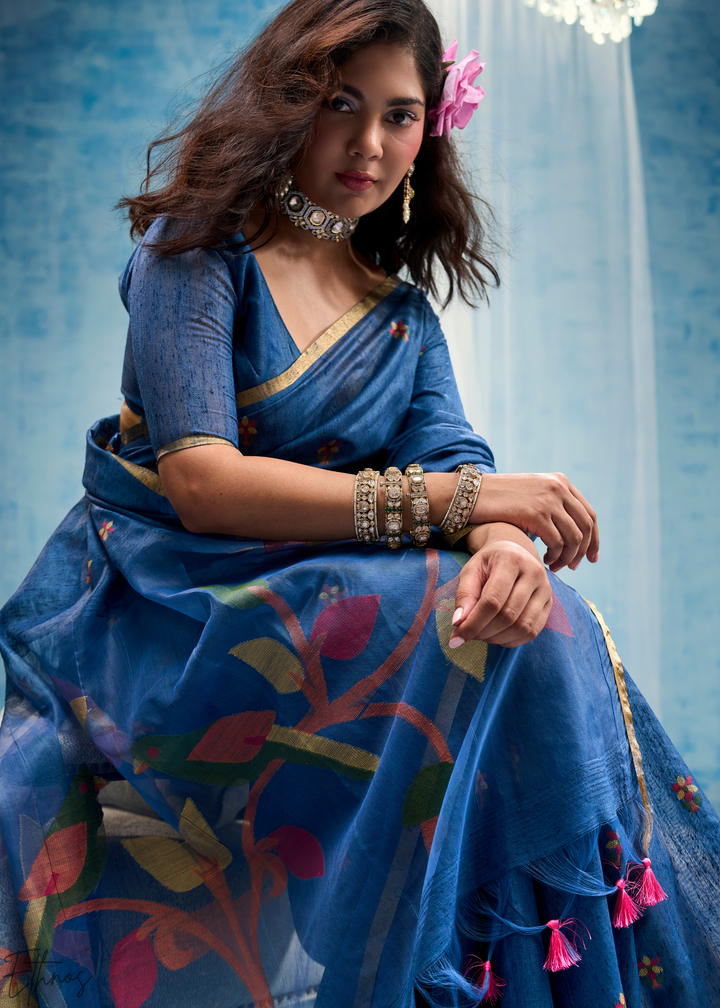 Cerulean Sapphire Artisanal Weave Munga Cotton Saree
