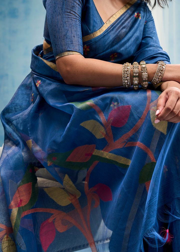 Cerulean Sapphire Artisanal Weave Munga Cotton Saree