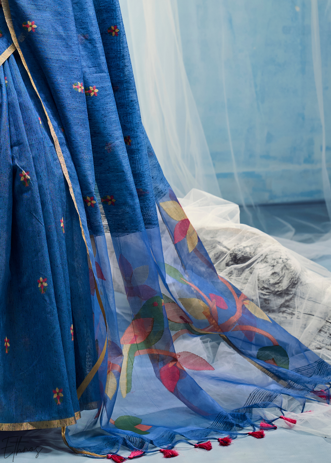 Cerulean Sapphire Artisanal Weave Munga Cotton Saree