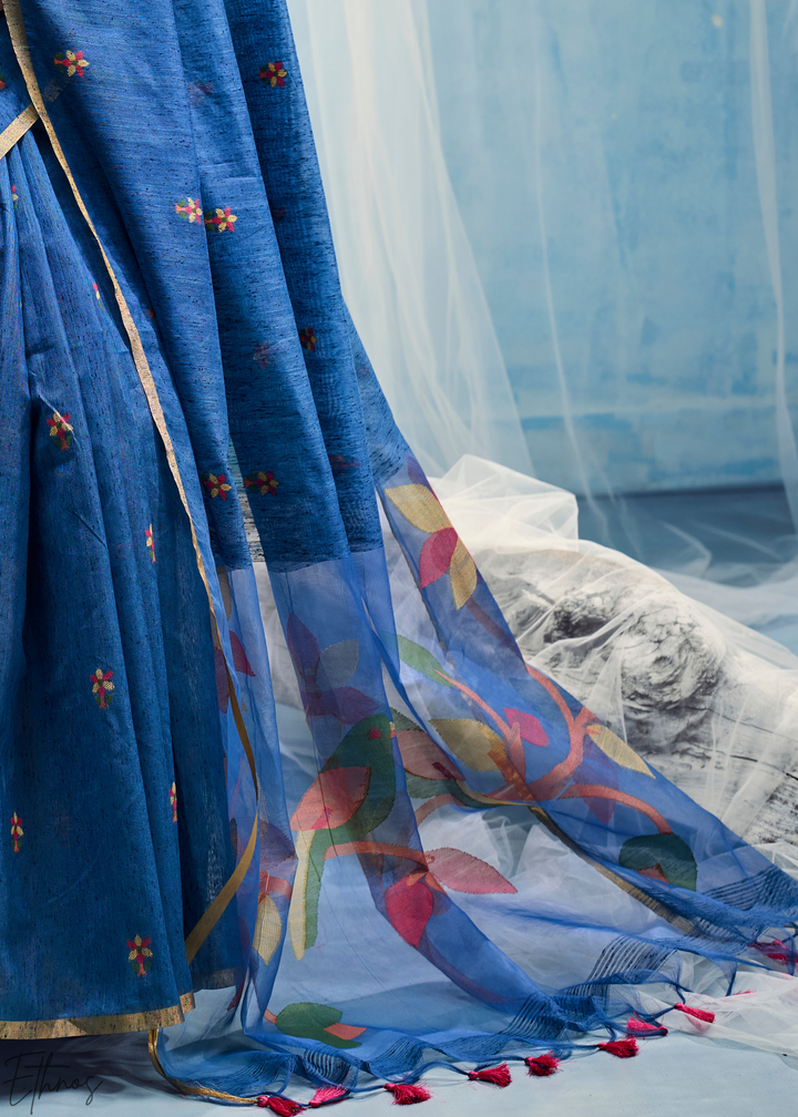 Cerulean Sapphire Artisanal Weave Munga Cotton Saree