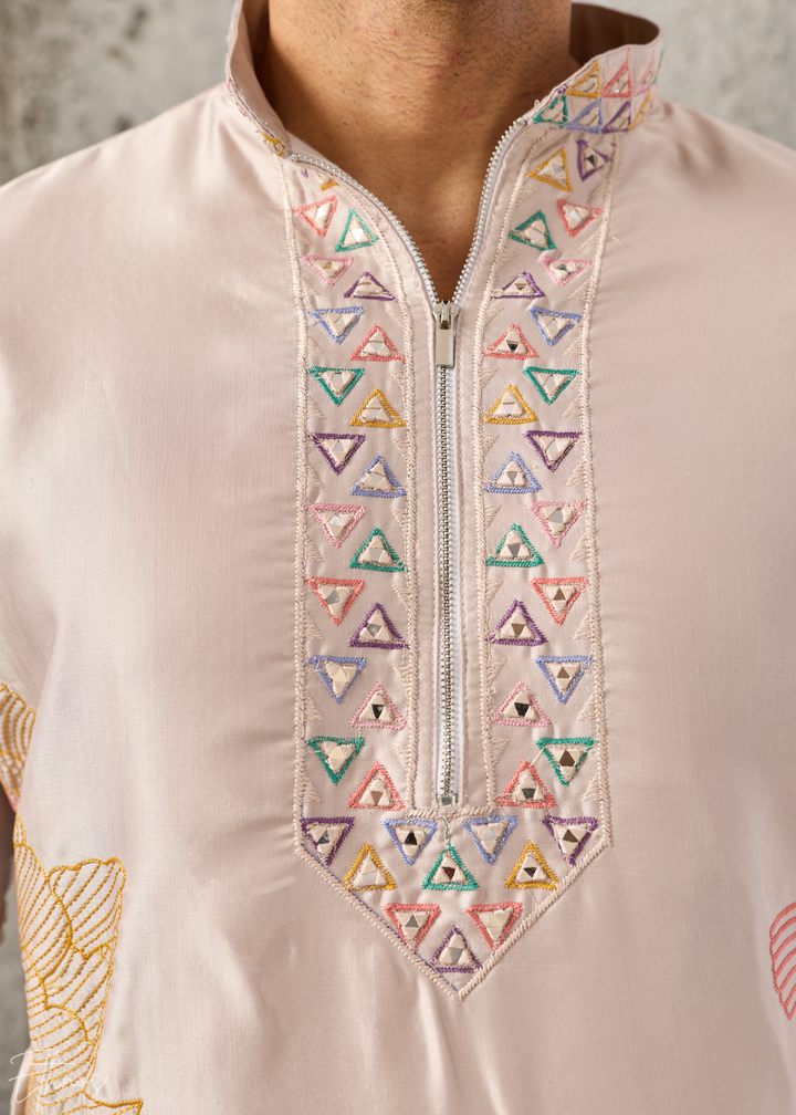 Champagne Beige Abstract-Flora Silk Kurta Pajama Set