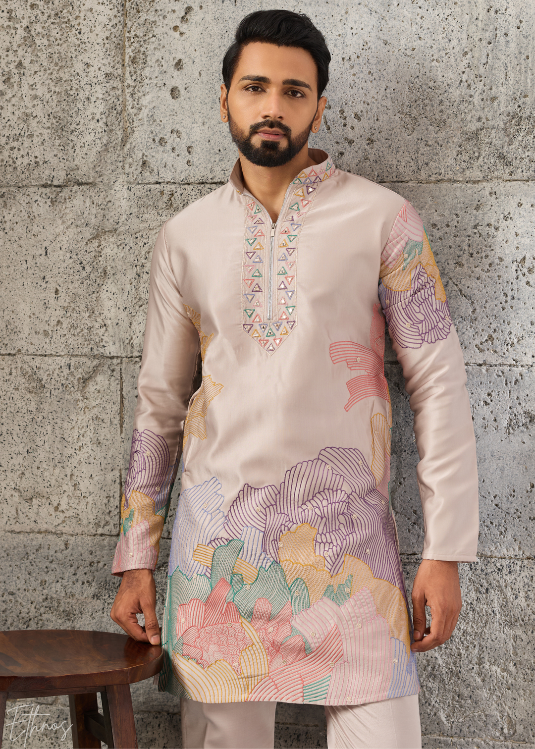 Champagne Beige Abstract-Flora Silk Kurta Pajama Set