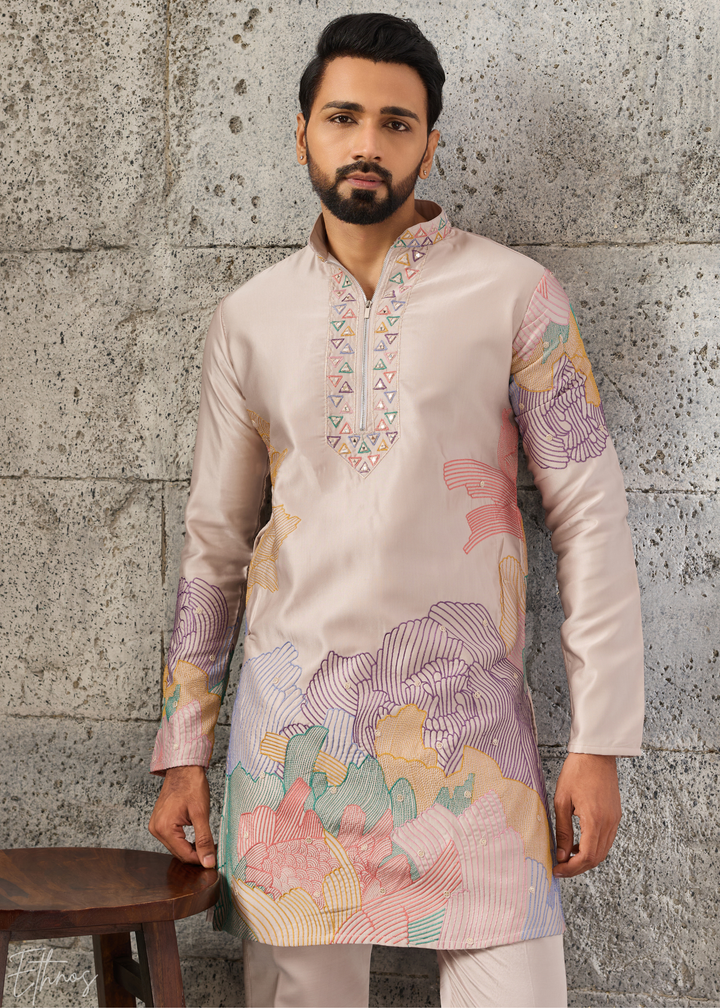 Champagne Beige Abstract-Flora Silk Kurta Pajama Set