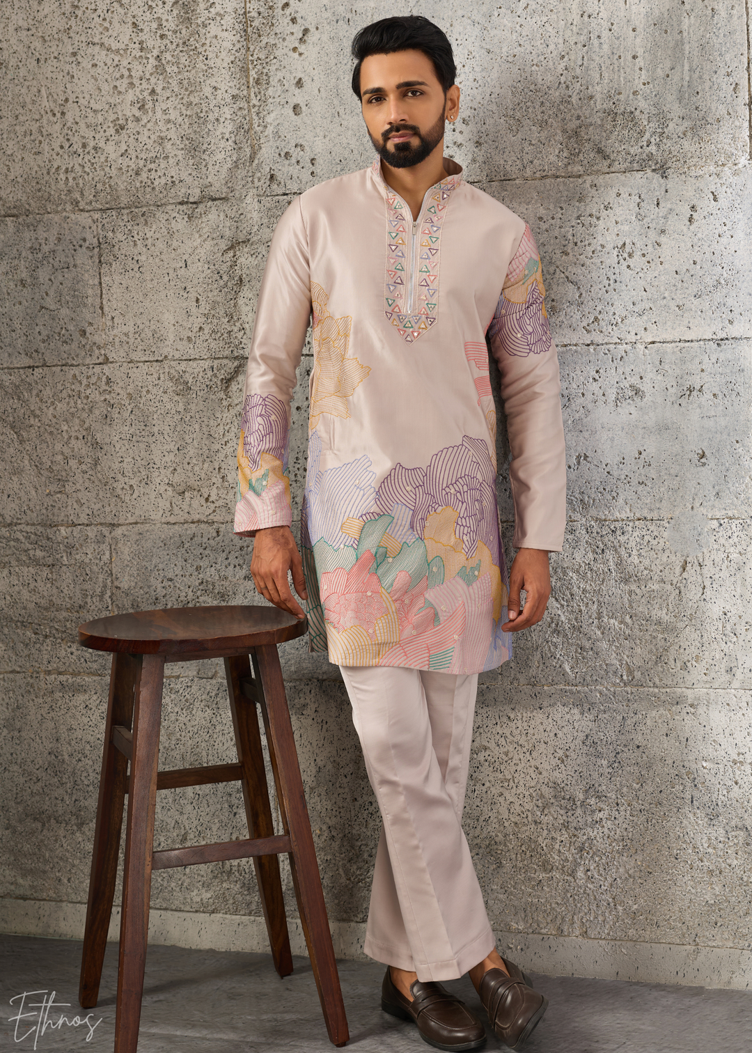 Champagne Beige Abstract-Flora Silk Kurta Pajama Set