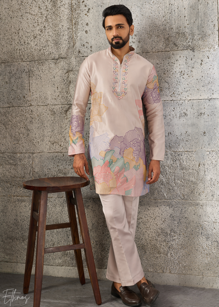 Champagne Beige Abstract-Flora Silk Kurta Pajama Set