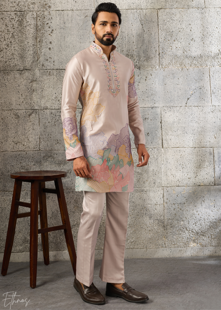 Champagne Beige Abstract-Flora Silk Kurta Pajama Set