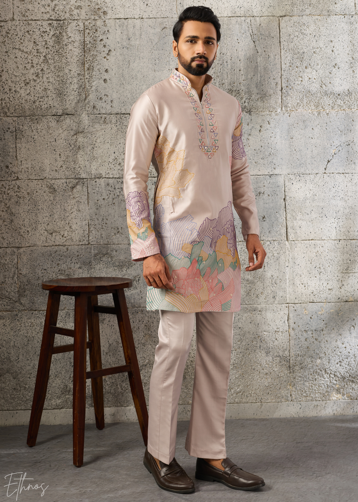 Champagne Beige Abstract-Flora Silk Kurta Pajama Set