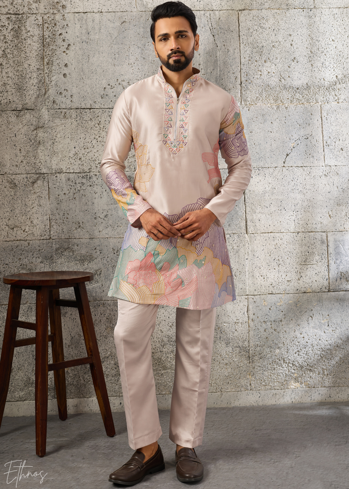 Champagne Beige Abstract-Flora Silk Kurta Pajama Set