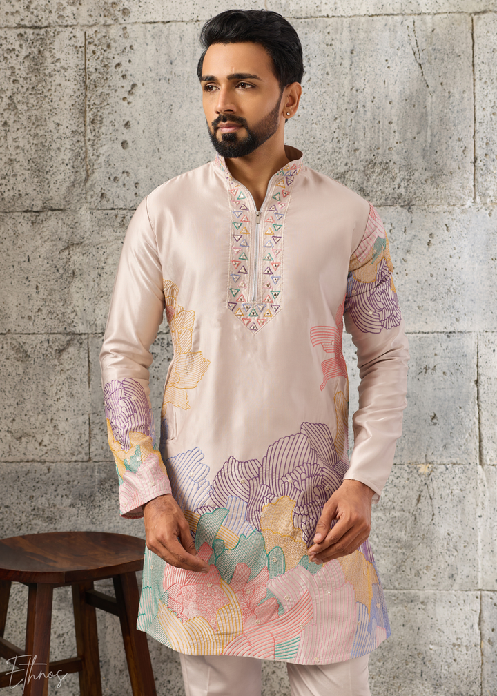 Champagne Beige Abstract-Flora Silk Kurta Pajama Set
