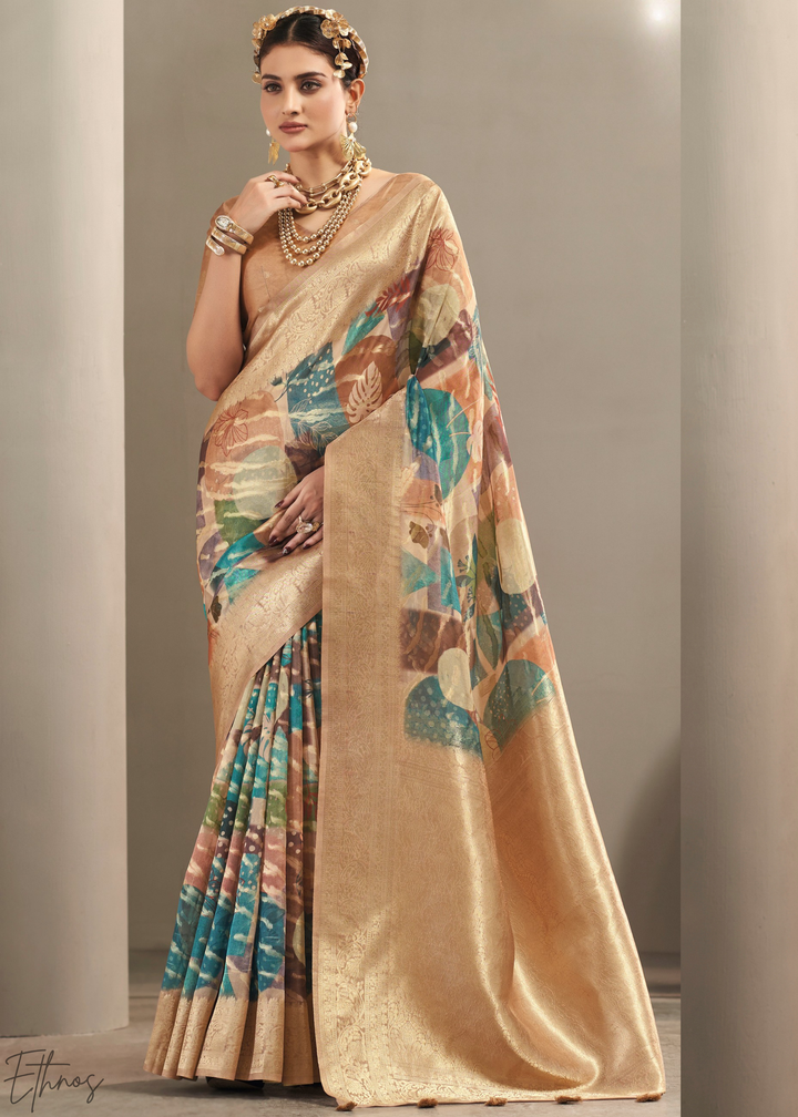Champagne Beige Abstract Digital Print Metallic Vellora Saree