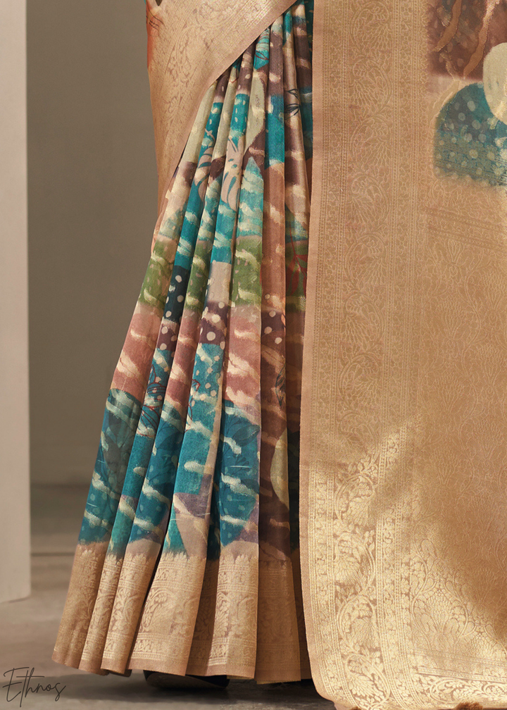 Champagne Beige Abstract Digital Print Metallic Vellora Saree