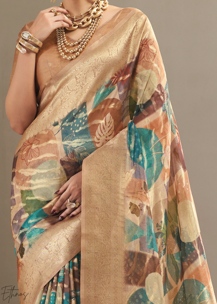 Champagne Beige Abstract Digital Print Metallic Vellora Saree
