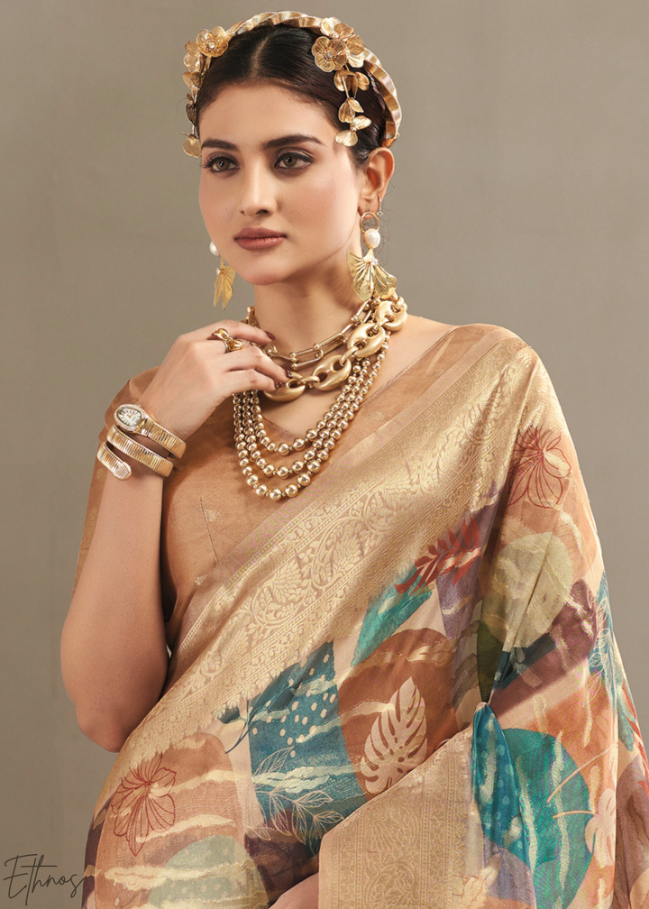 Champagne Beige Abstract Digital Print Metallic Vellora Saree