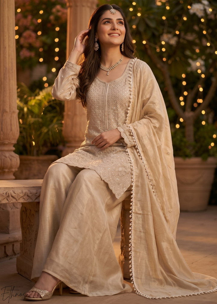Champagne Beige Botanical-Embroidered Chinon Silk Palazzo Suit
