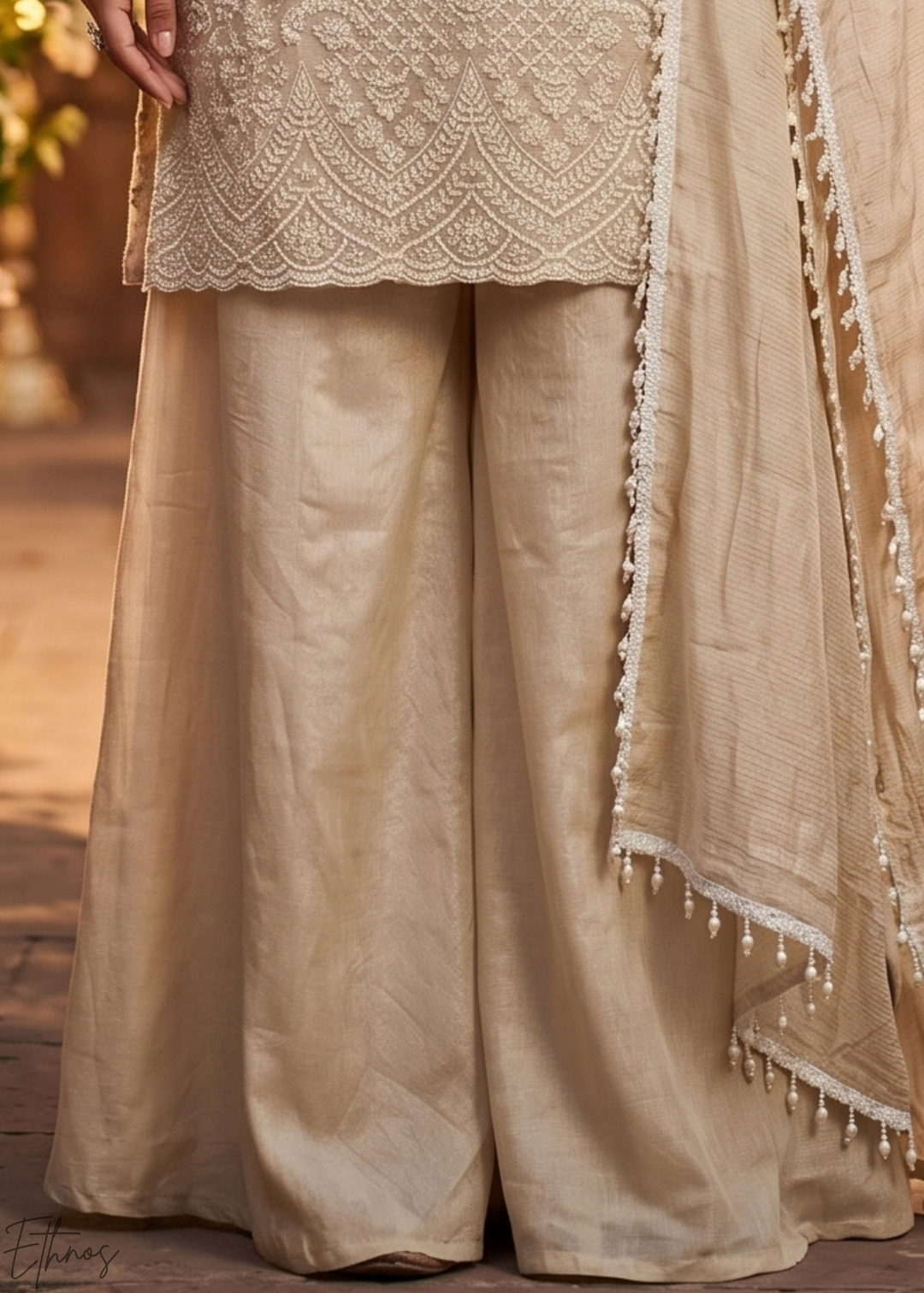 Champagne Beige Botanical-Embroidered Chinon Silk Palazzo Suit
