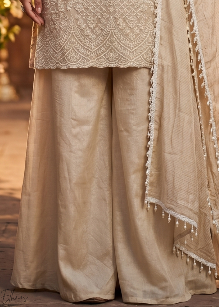 Champagne Beige Botanical-Embroidered Chinon Silk Palazzo Suit
