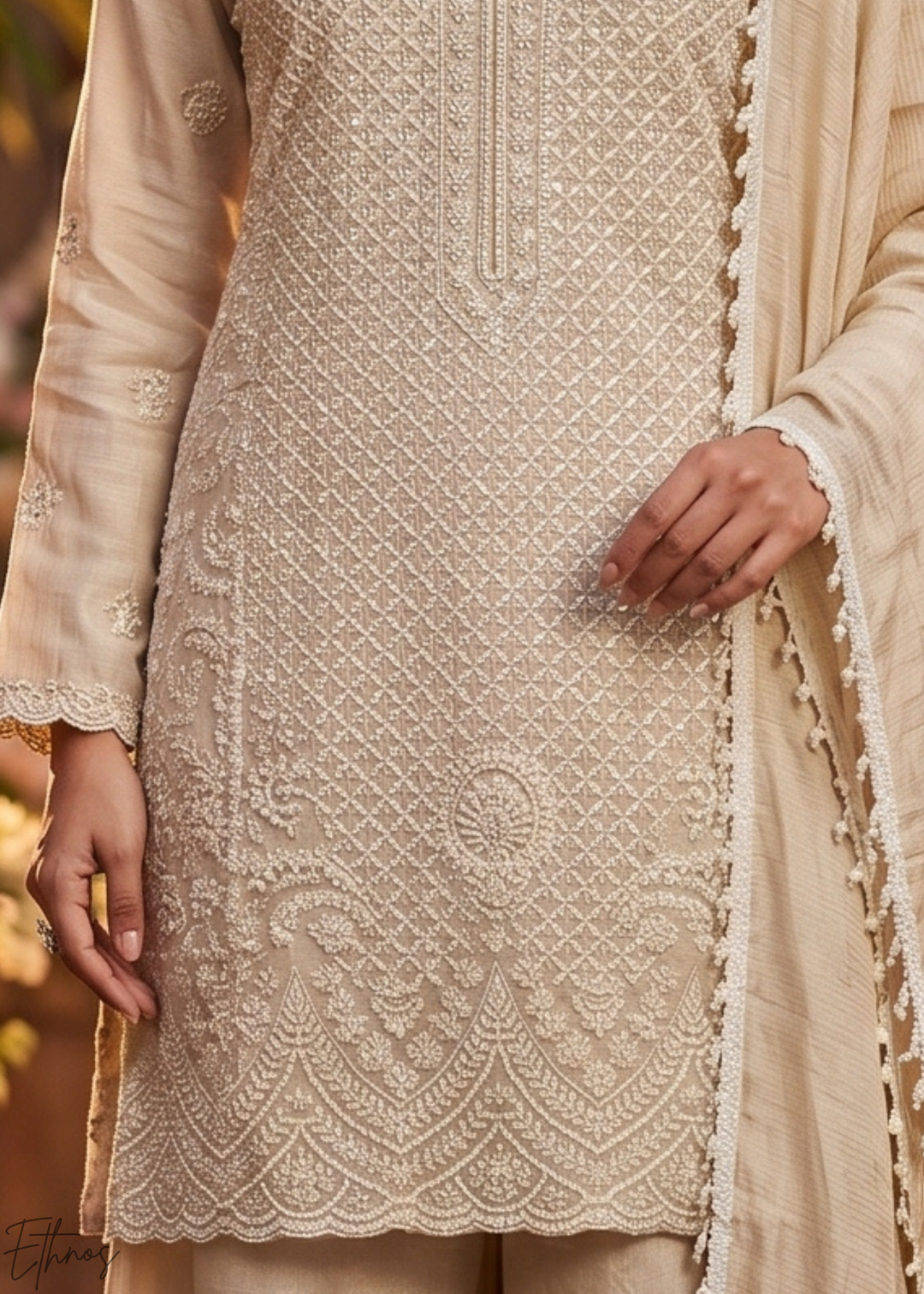 Champagne Beige Botanical-Embroidered Chinon Silk Palazzo Suit