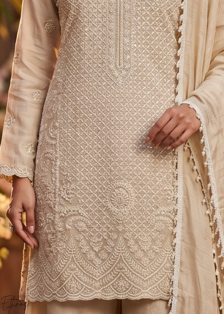 Champagne Beige Botanical-Embroidered Chinon Silk Palazzo Suit