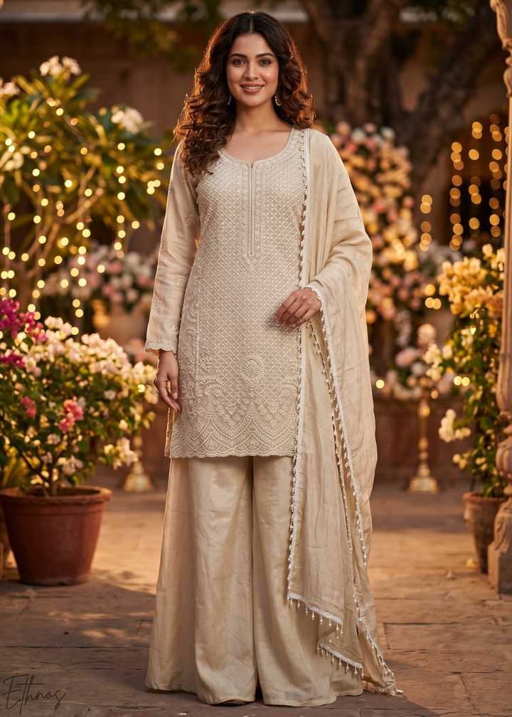 Champagne Beige Botanical-Embroidered Chinon Silk Palazzo Suit