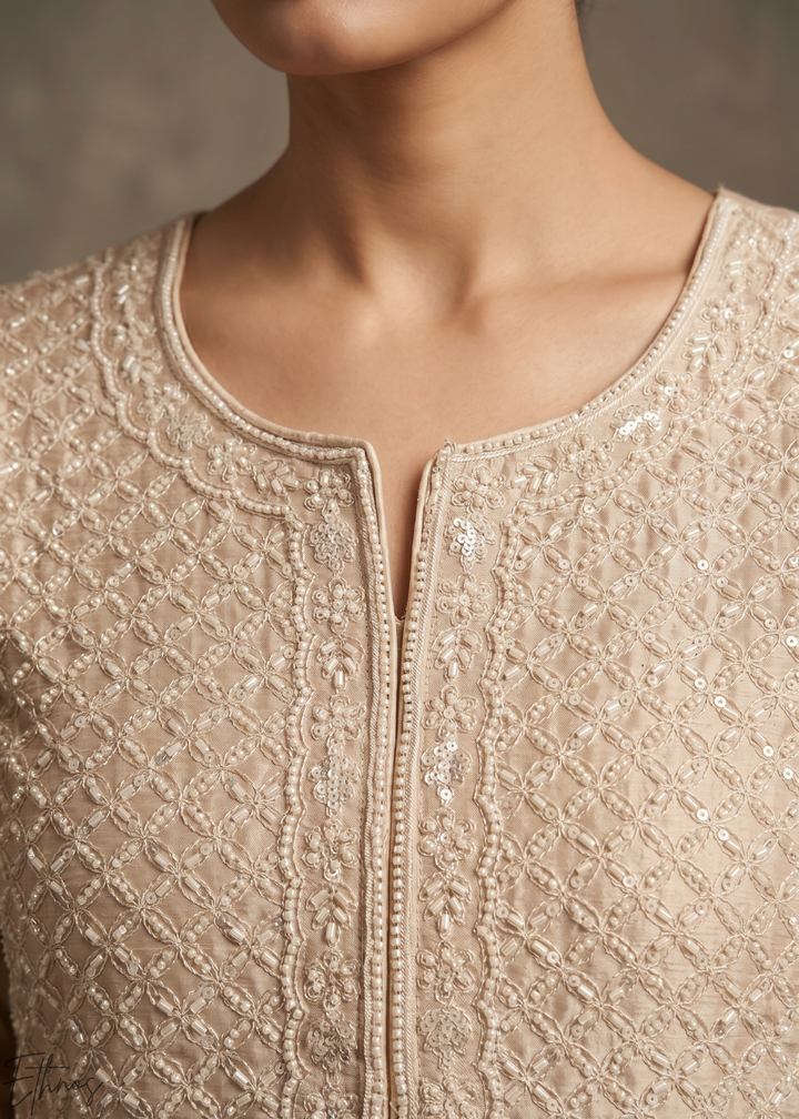 Champagne Beige Botanical-Embroidered Chinon Silk Palazzo Suit