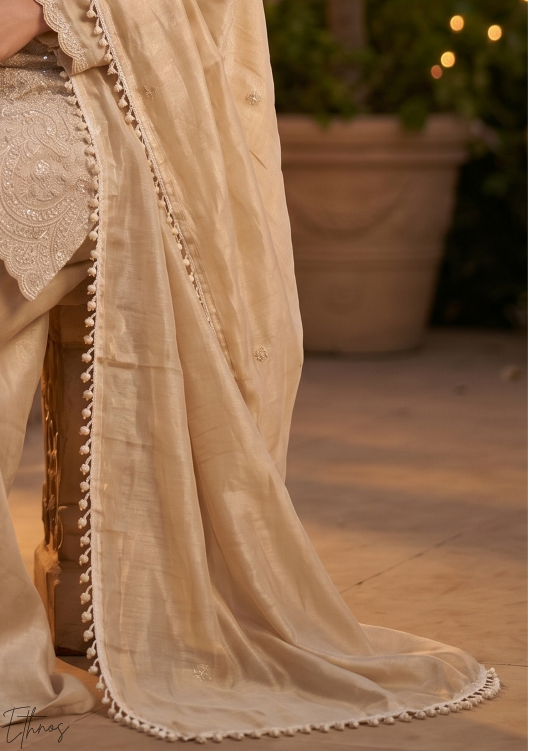 Champagne Beige Botanical-Embroidered Chinon Silk Palazzo Suit