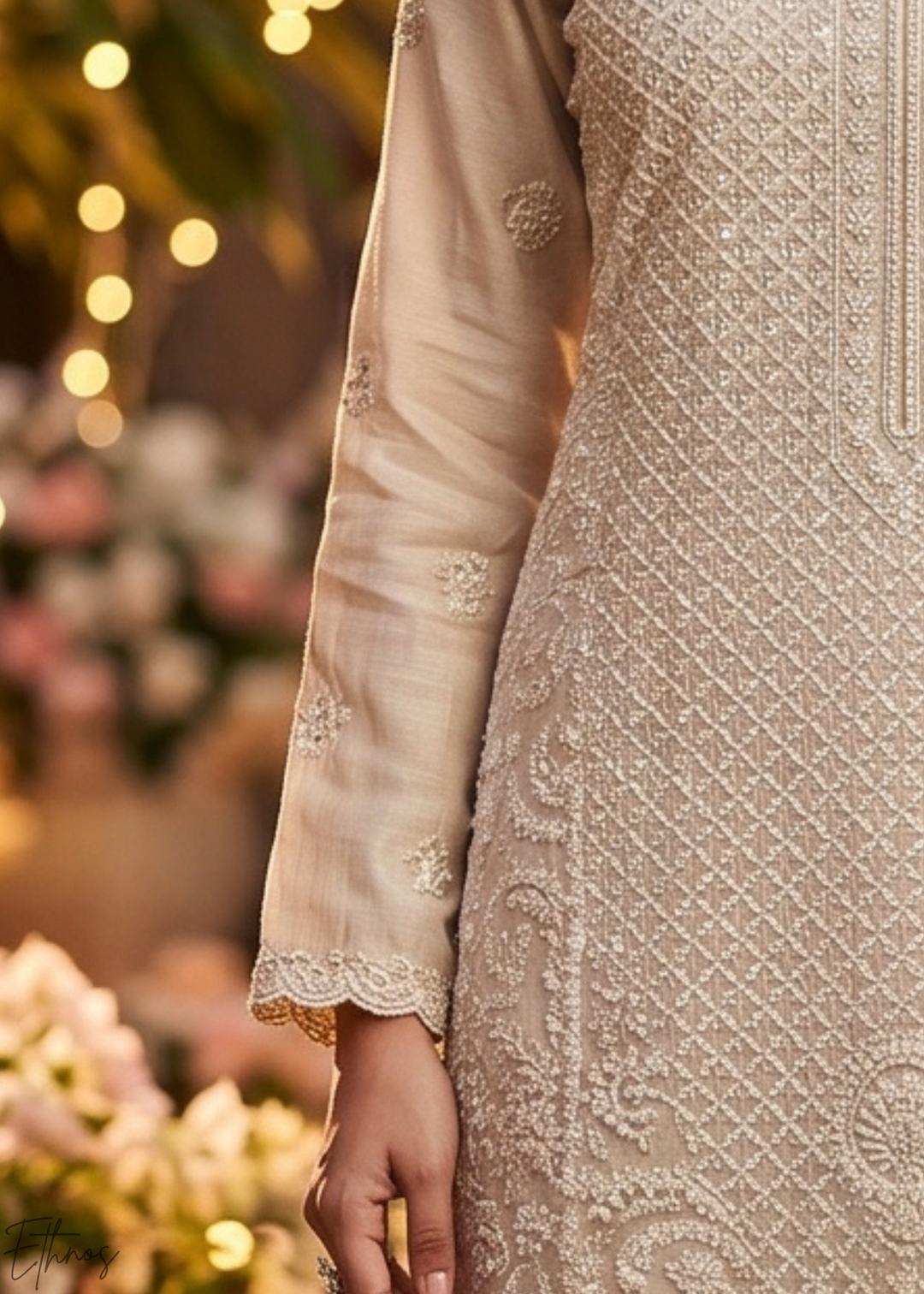 Champagne Beige Botanical-Embroidered Chinon Silk Palazzo Suit