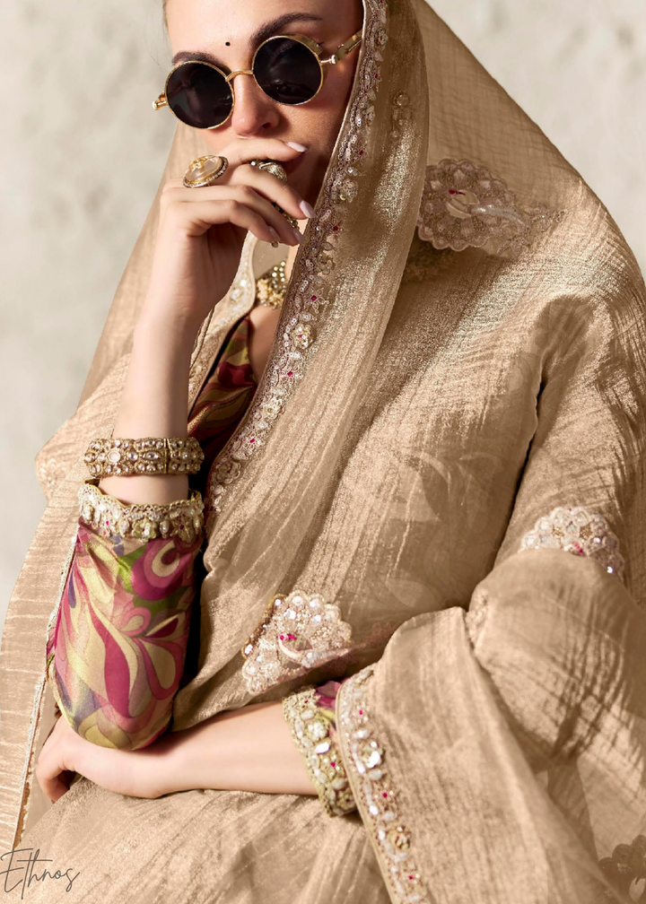 Champagne Beige Embroidered Glass Tissue Designer Saree
