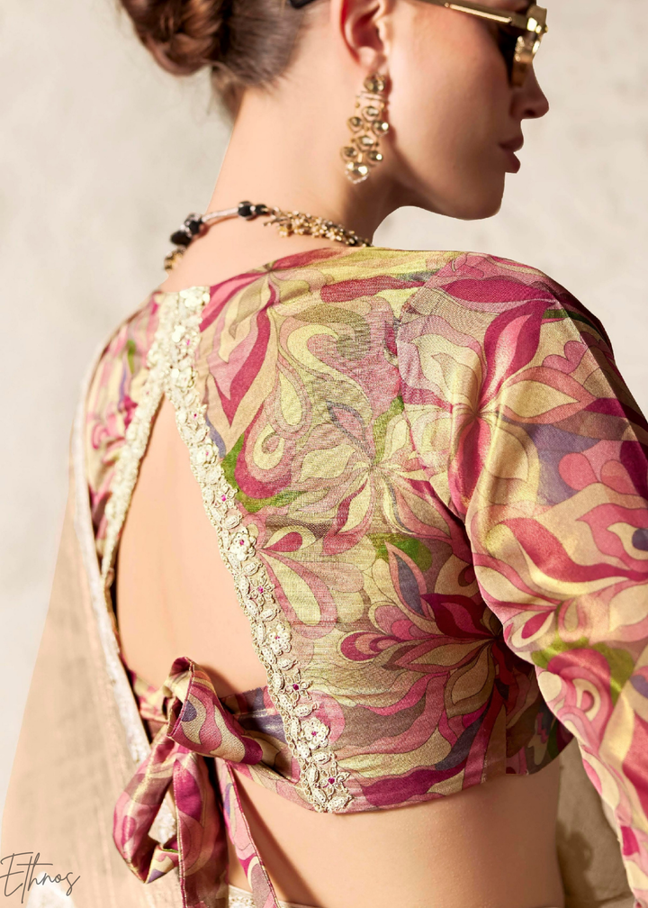 Champagne Beige Embroidered Glass Tissue Designer Saree